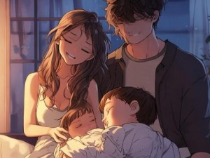 老公侧身轻声哄孩子入睡温馨夜晚的幸福时光